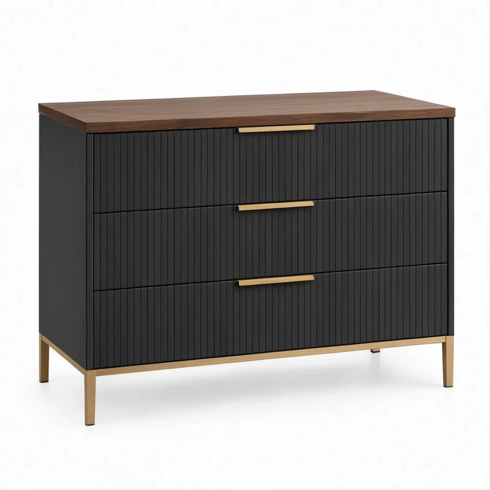 Cassettiera a 3 cassetti Nero, Noce e Oro 80 x 40 x 90 cm