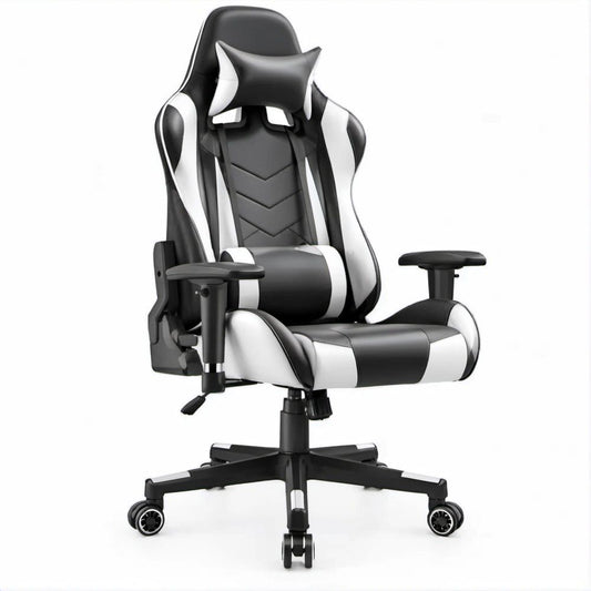 Sedia da gaming ergonomica nera e bianca in pelle PU, 66 x 66 x 125-135 cm