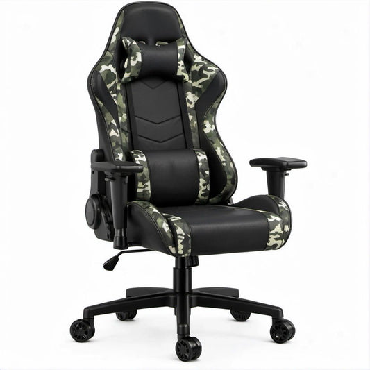 Poltrona gaming ergonomica girevole in pelle sintetica PU Nero e Verde Mimetico, 70 x 70 x 122-132 cm