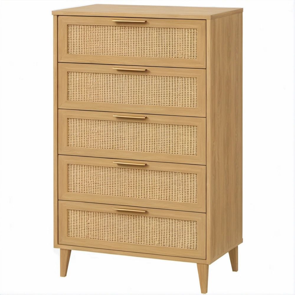Cassettiera alta a 5 cassetti in rovere naturale e rattan, 60 x 40 x 110 cm