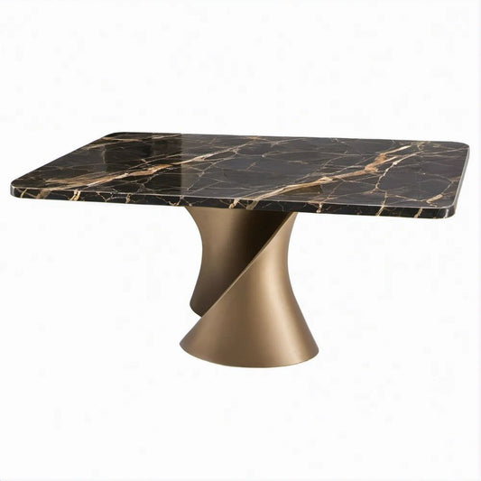 Tavolo da pranzo rettangolare 180 x 90 x 75 cm in pietra sinterizzata nera e acciaio bronzo
