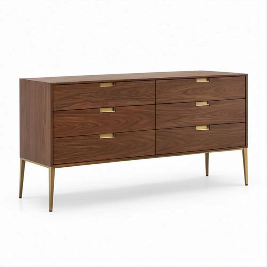 Comò rettangolare a 6 cassetti in MDF impiallacciato noce e ottone, 160 x 45 x 85 cm