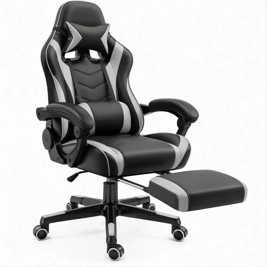 Sedia da gaming ergonomica reclinabile nera e grigia in similpelle con poggiapiedi estraibile, 65 x 65 x 118-128 cm