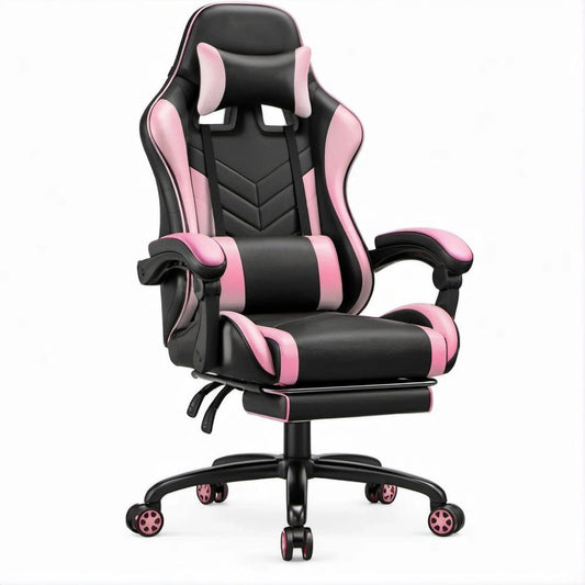 Sedia gaming ergonomica nera e rosa con poggiapiedi estraibile, 65 x 65 x 118-128 cm