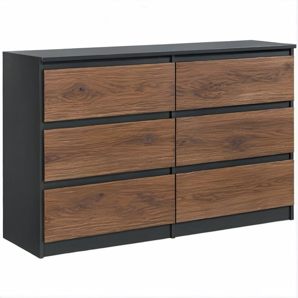 Comò moderno a 6 cassetti Nero e Noce in MDF melaminico, 140 x 40 x 80 cm