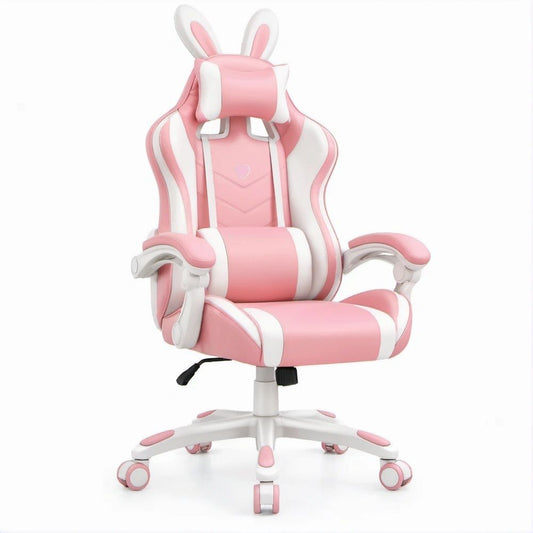 Sedia gaming ergonomica rosa e bianca con orecchie di coniglio, 66 x 66 x 125-135 cm