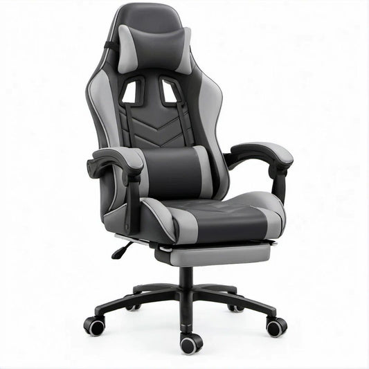 Sedia ergonomica reclinabile nera e grigia in pelle sintetica PU con poggiapiedi estraibile, 64 x 64 x 124-134 cm