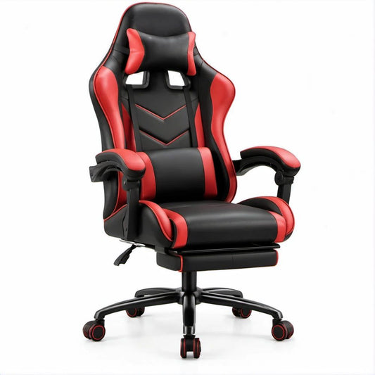 Sedia da gaming ergonomica girevole nera e rossa in PU con poggiapiedi, 65 x 65 x 122-132 cm