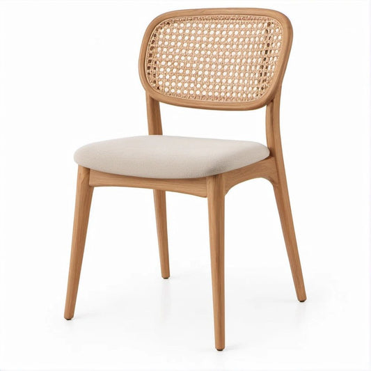 Sedia da pranzo in legno massello color rovere con schienale in rattan naturale e seduta imbottita beige, 48 x 56 x 82 cm