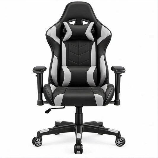 Sedia gaming ergonomica nera e grigia in similpelle PU con schienale alto, 66 x 70 x 125-135 cm