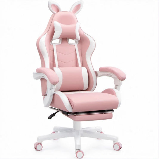Sedia da gaming ergonomica rosa e bianca con orecchie di coniglio, 66 x 66 x 128-138 cm
