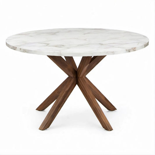Tavolo da pranzo rotondo Ø120 cm effetto marmo Bianco/Grigio con base in legno color Noce, altezza 75 cm
