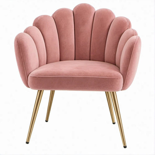 Poltroncina a conchiglia in velluto rosa con gambe dorate, 55 x 60 x 82 cm